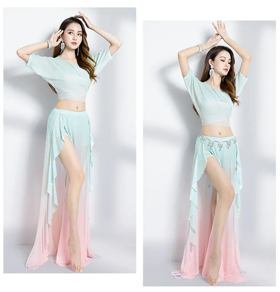 

Костюм для танца живота, комплект из 2 предметов, топ и юбка, танцевальный наряд для женщин, костюм для сценического выступления, тренировочная одежда