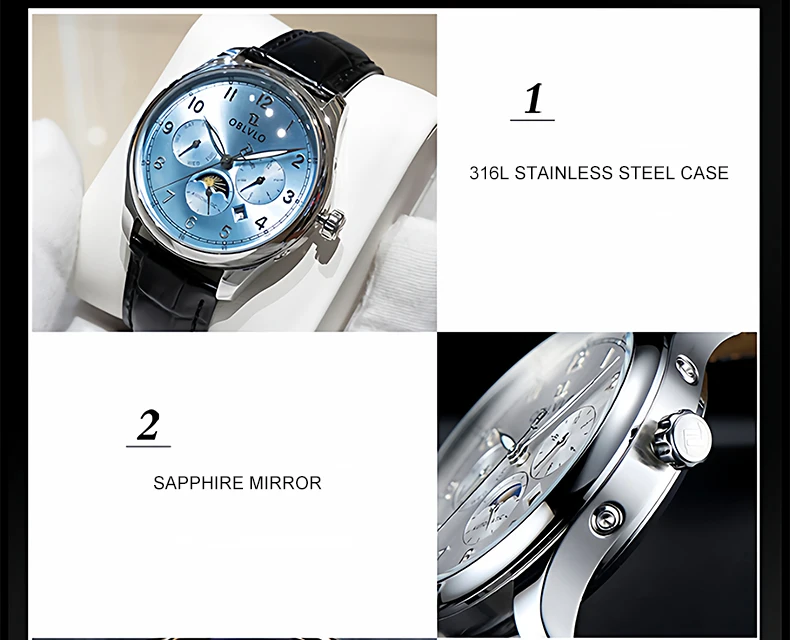 OBLVLO Men Automatic Watch 40mm Mechanical Wristwatch 5ATM Luminous Month,Week,Date,24 Hours TY1654 view 5