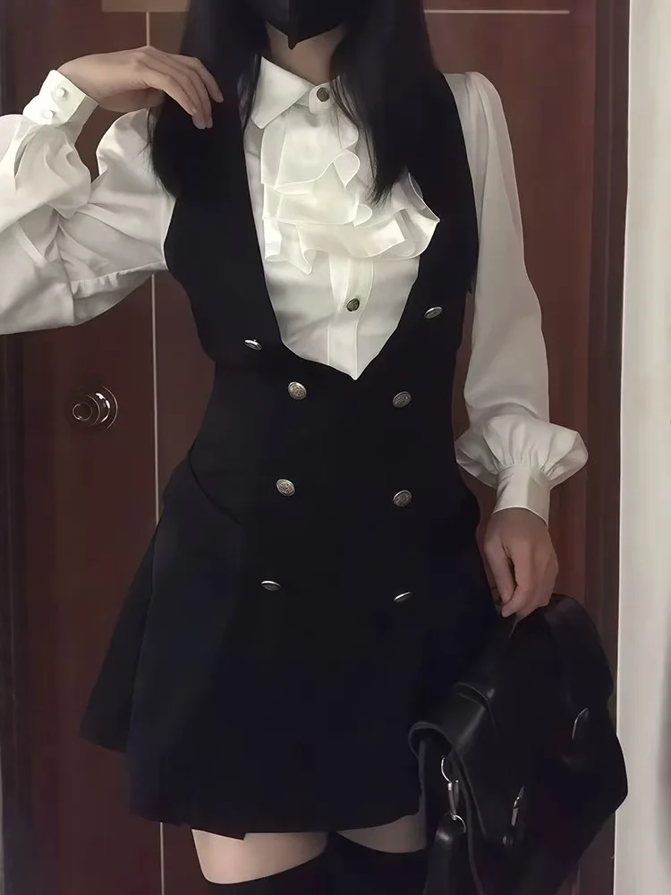 

Japanese Kawaii Lolita School Uniform Sets Collegiate Style Elegant Party 2-piece Set Women White Shirt + Black Suspender Dress