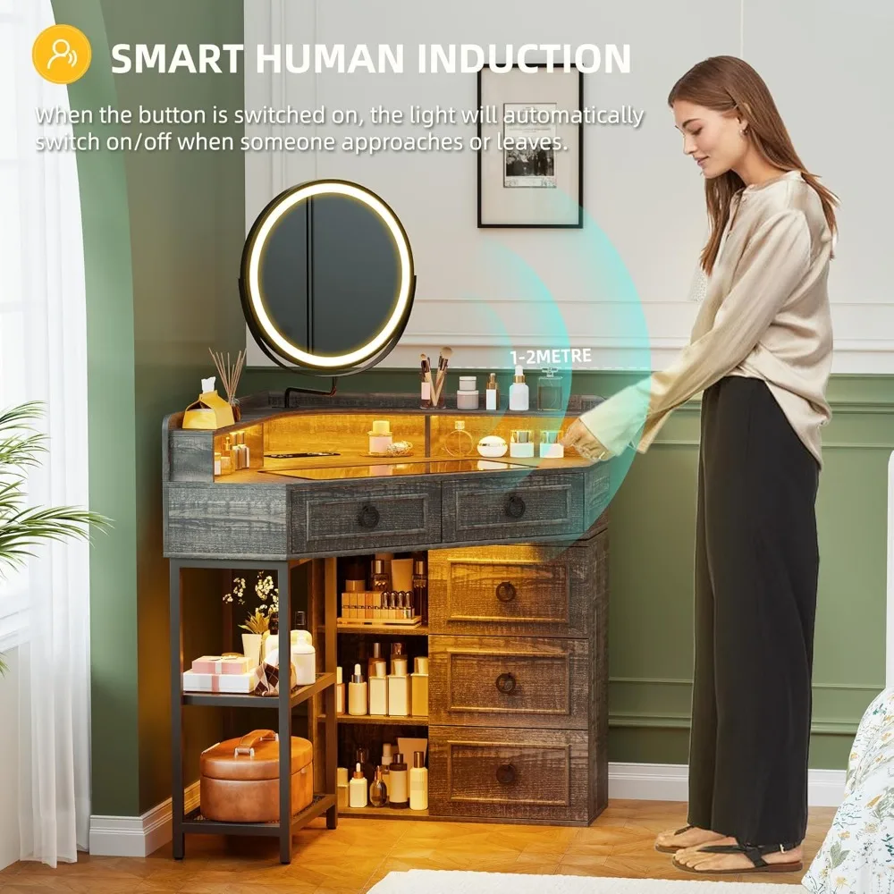 مكتب زينة زاوية بنية مع مرآة وأضواء LED ومحطة شحن