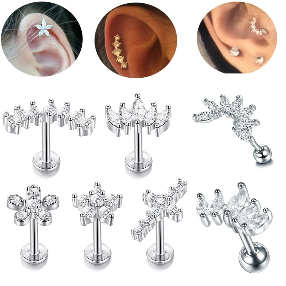 1PC Crystal Flower Tragus Piercing Earring 16G Cross Cartilage Piercing Stud Helix Jewelry Conch Rook Lobe Earring Labret Stud