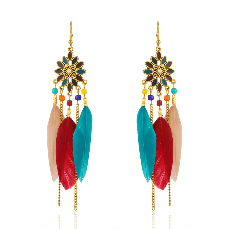 Böhmische lange Feder-Ohrringe für Frauen, klassische ethnische Retro-Temperament-Kette, Blatt-Perlen-Quasten-Ohrringe, Boho-Hochzeitsschmuck – Detail 37