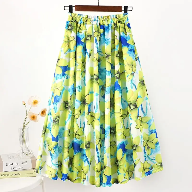 

Fashion Elastic Printed Pockets Floral A-Line Skirts Female Clothing Spring Summer New Loose High Waist Casual Skirts