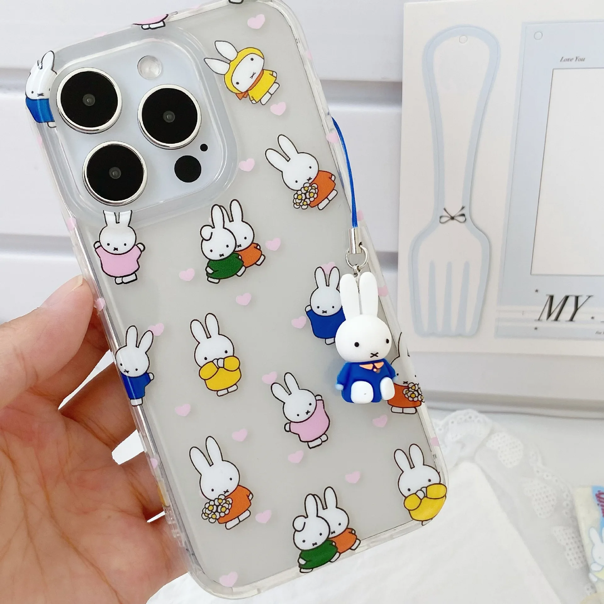 Miffy لطيف سلسلة الهاتف الكرتون Ins نمط Kawaii المفاتيح زوجين على ظهره تزيين مُثبت عيد ميلاد هدية الكريسماس لعبة لفتاة #1