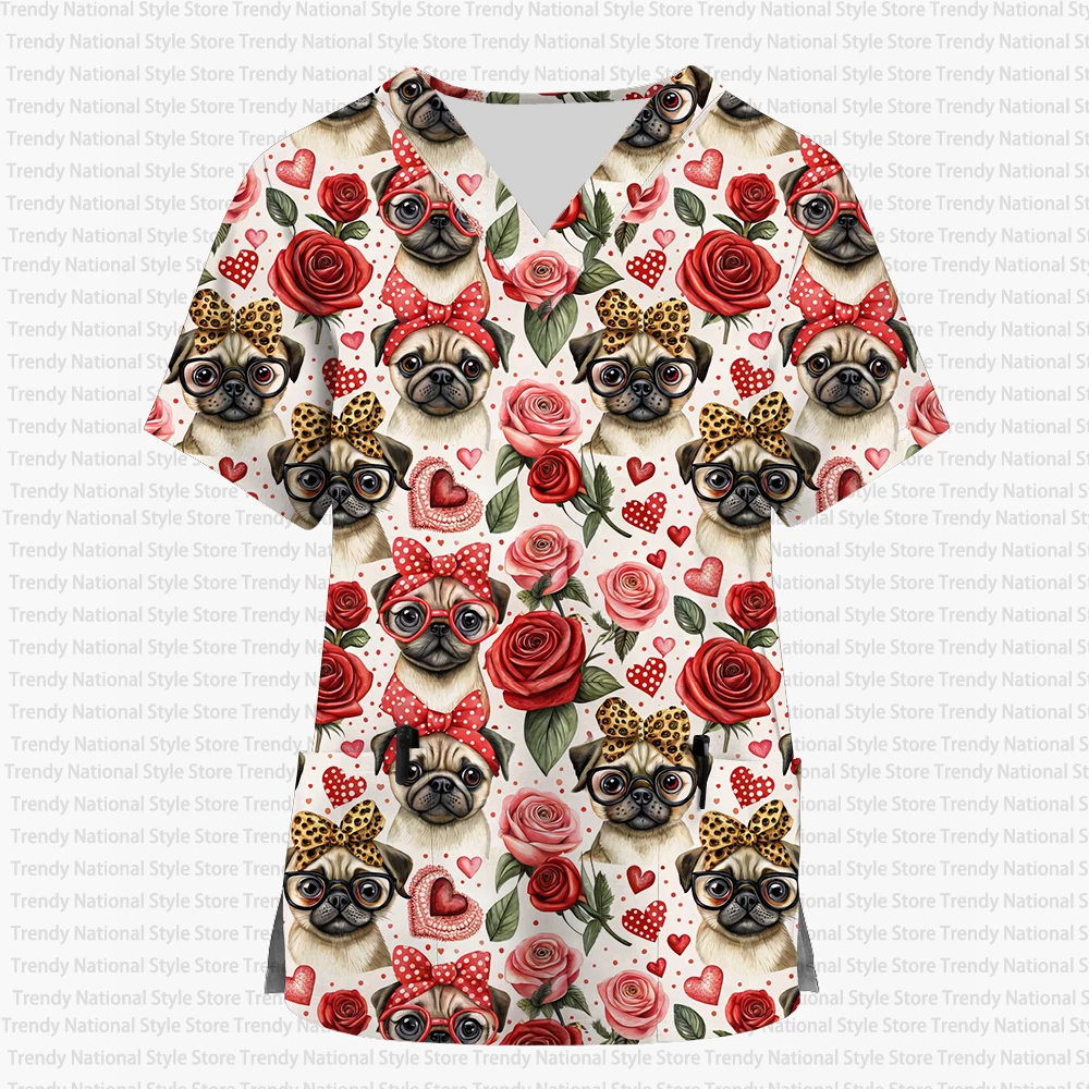 New Style Pet Grooming Veterinarian Top, Women's Short-Sleeve V-Neck Cartoon Animal Print Top, Nurse Work Uniform T-Shirt