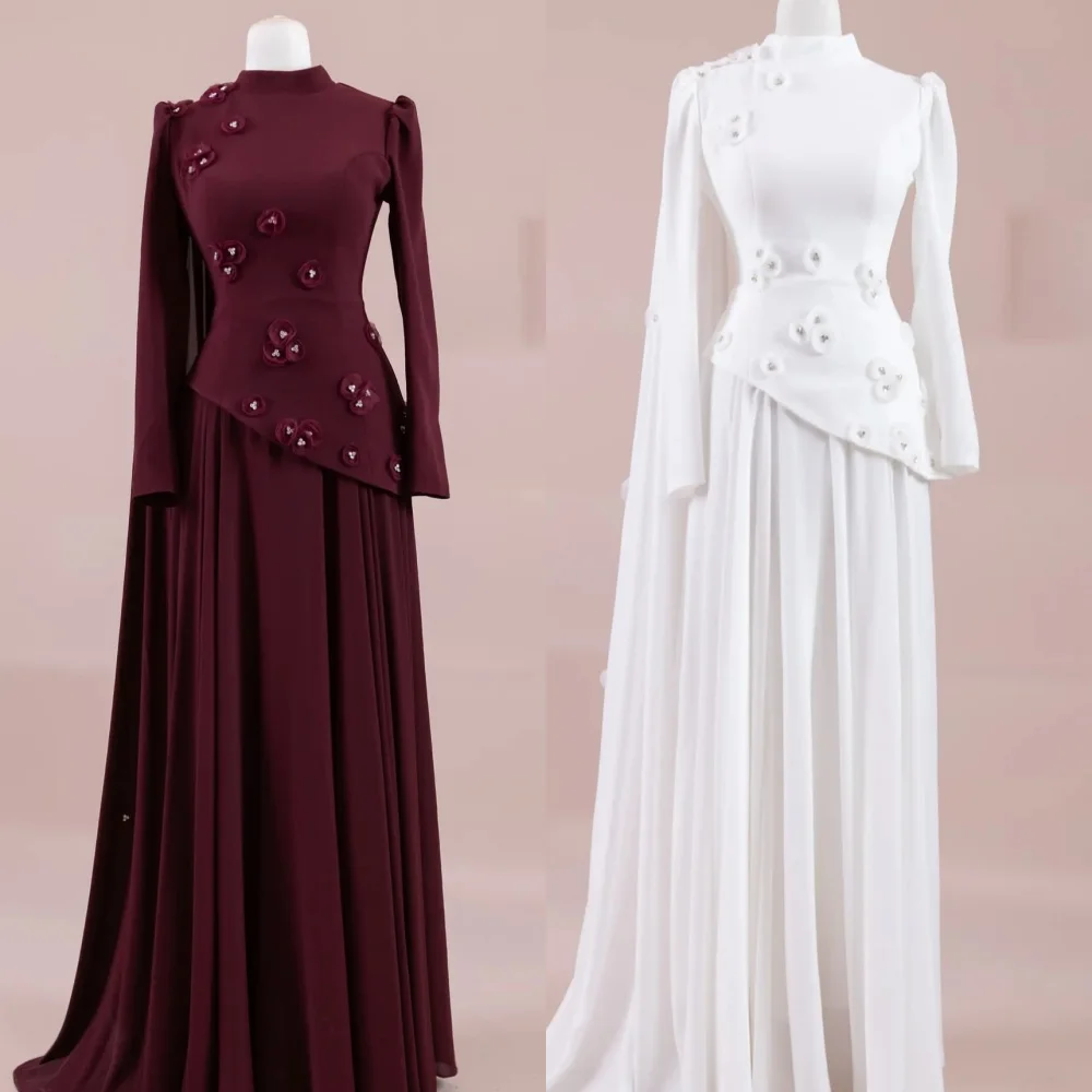 

Customized Formal Jersey Handmade Flower Rhinestone Draped A-line High Collar Long Dresses Bespoke Occasion Dresses High Quality