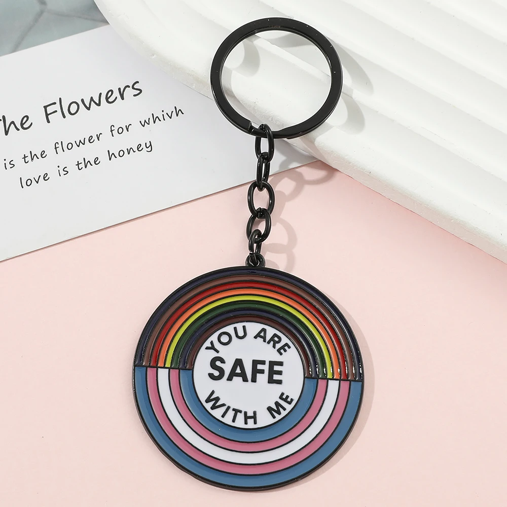 Fashion Creative Rainbow Enameled Keychain 'You Are Safe with Me' Letter Pendant Bag Accessory for Men And Women