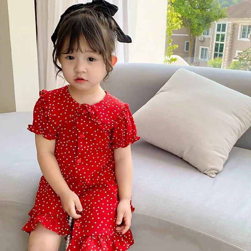 Fashion Kids Girls Dress Sister Red Dot Outfit Cotton Clothes Short Sleeve Princess Dress Summer Children Costume 1-7Y