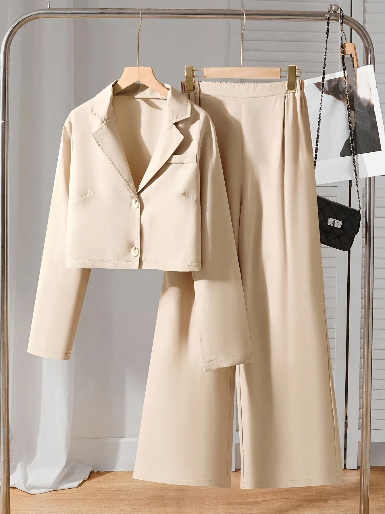 Kids Girls 2 Piece Formal Suit Lapel Long Sleeve Cropped Blazer Elastic Waist Wide Leg Trousers For School Ceremony Daily Casual