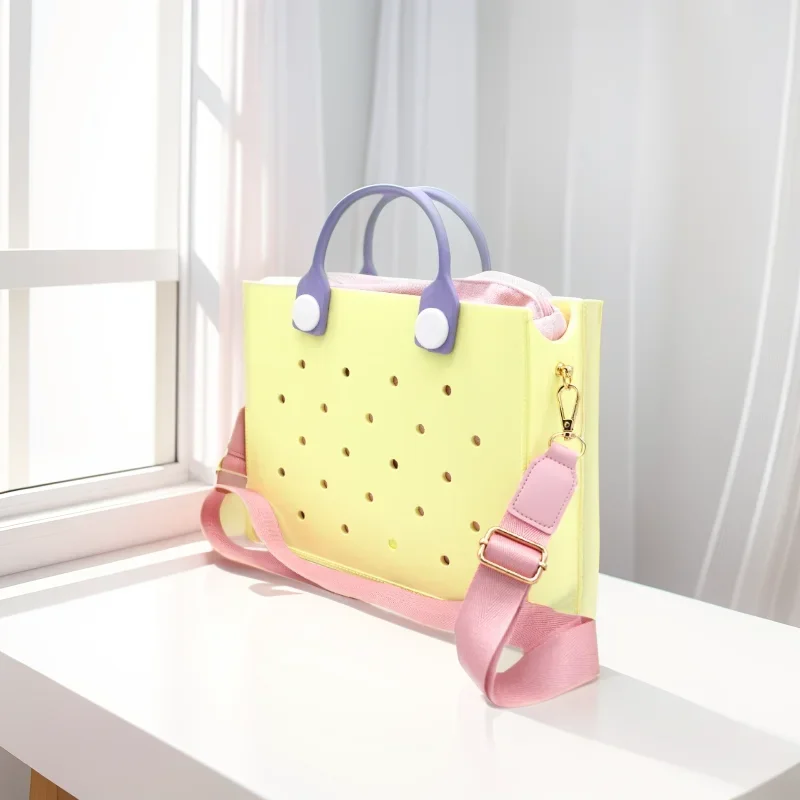 The orange guy New Light Yellow Red Pink Women Fashion Punched Handbag Fit Charms Travel Tote Bag EVA Outdoor Beach Bags