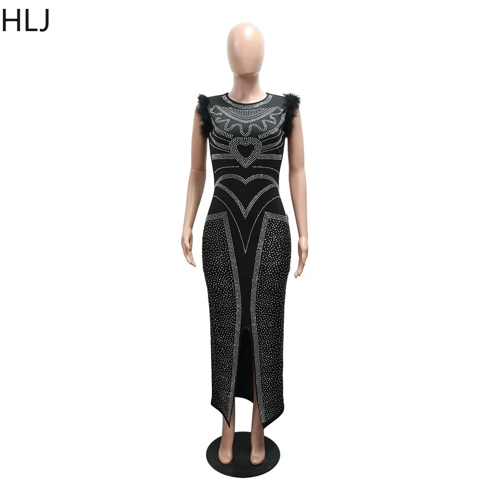 HLJ Winter New Sexy Fur Rhinestone Patchwork Bodycon Dresses Woman Round Neck Sleeveless Dress Female Party Clubwear Vestidos
