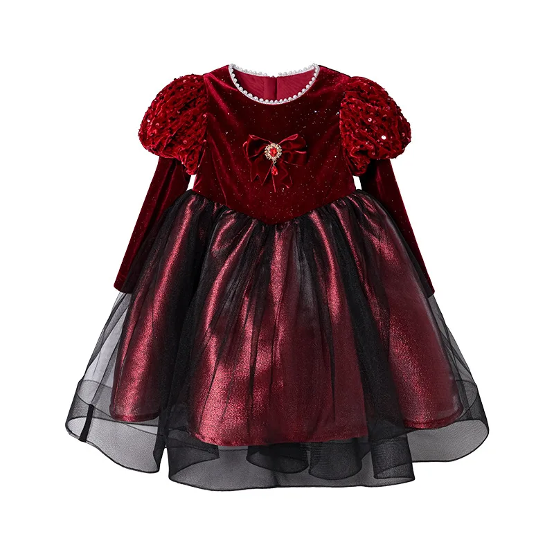 

Girls Burgundy Velvet Dress Lantern Sleeves Autumn and Winter Red Birthday Party Sequin Dresses for Baby Girls 1-11 Years Old