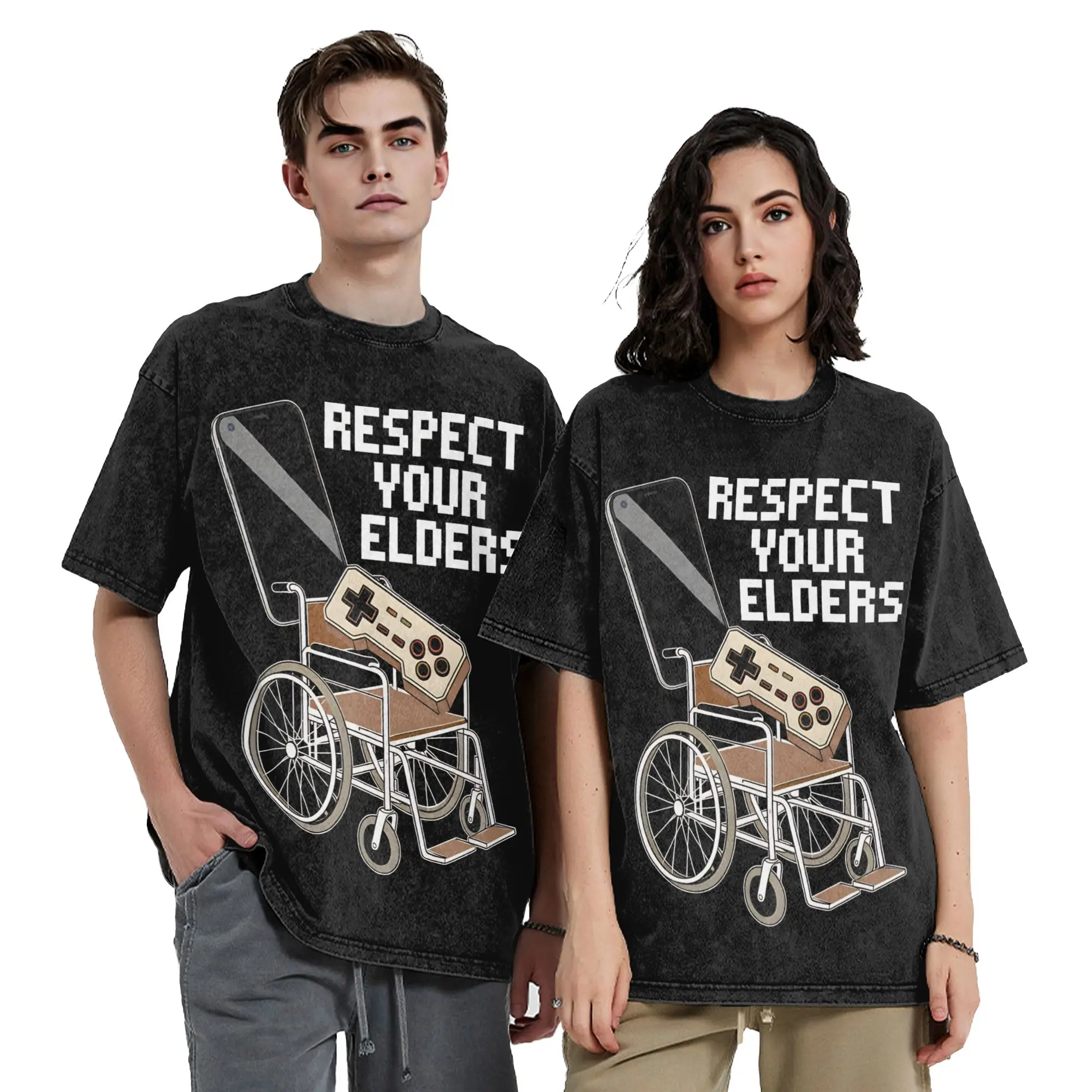 Retro Respect Your Elders Retro Gaming Controller 80s Vintage Washed T-Shirt Round Neck Short Sleeve Tops  Cotton Summer Top Tee