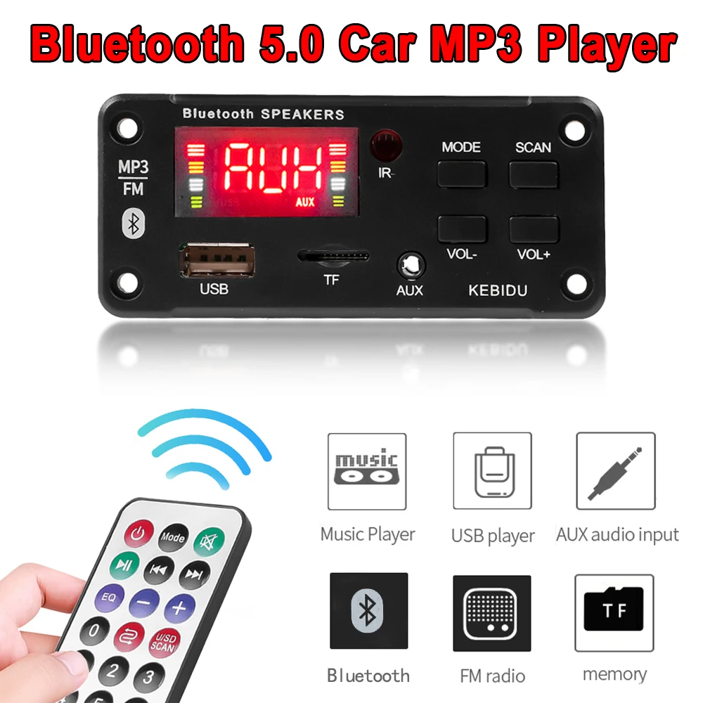 DC12V Bluetooth 5.0 Decoder Board Car MP3 Player 2x25W Power Amplifier USB TF AUX FM Radio Module Speaker DIY Large Color Screen