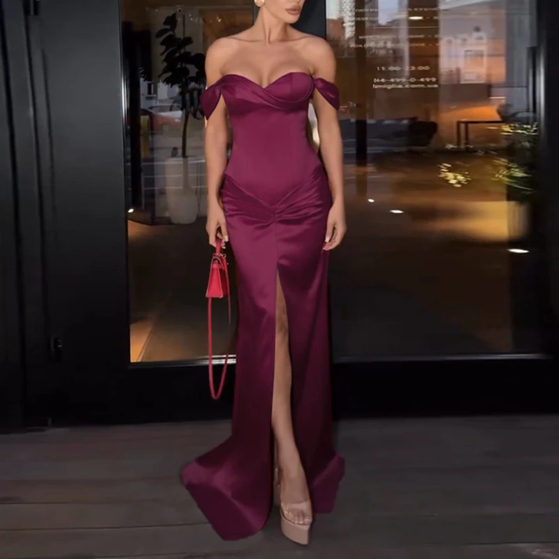 Abiti da banchetto sexy con una spalla Abito da donna elegante abito lungo in raso a vita alta Abito da sera solido drappeggiato con spacco