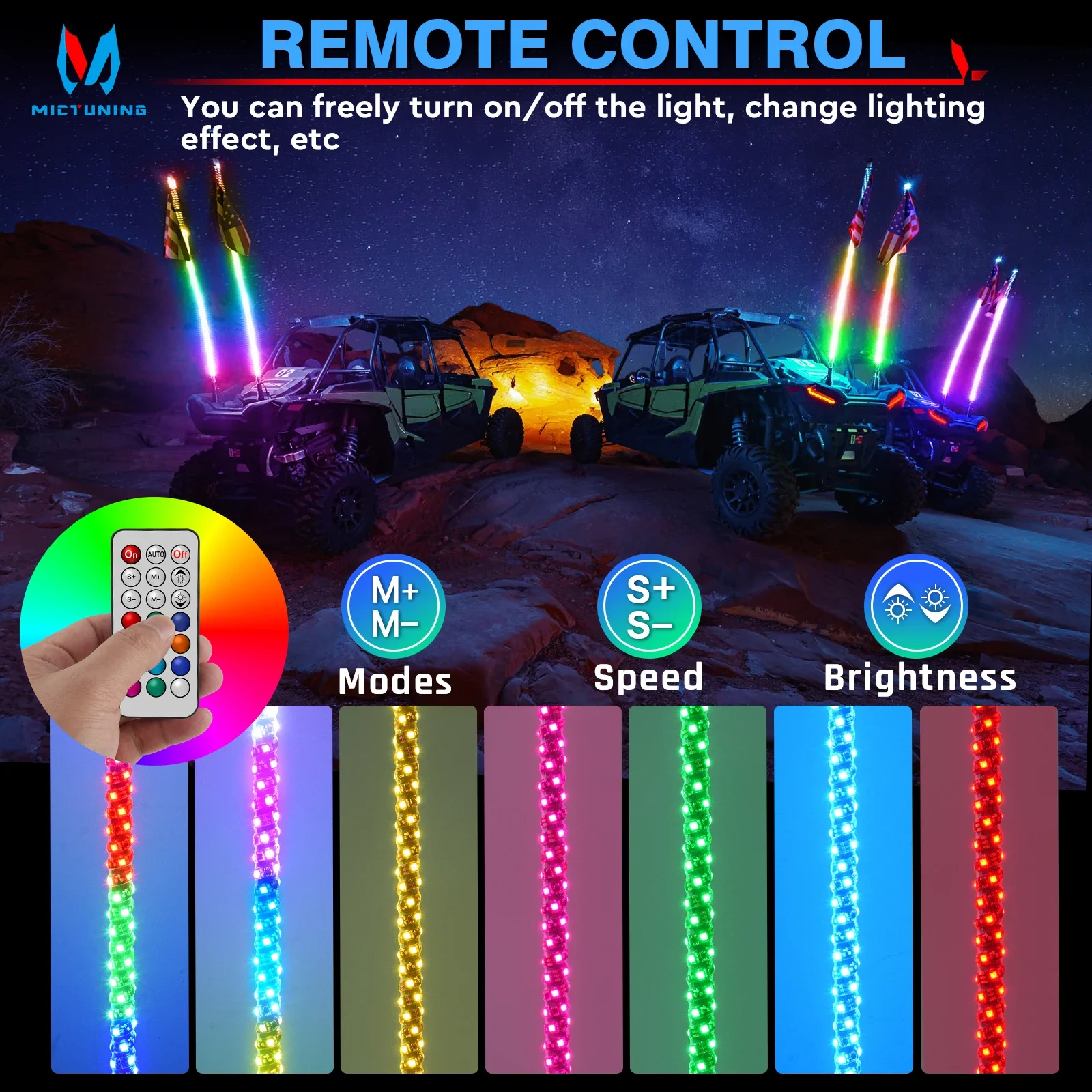 

MICTUNING 2PCS 4FT LED Whip Light with Remote Control Waterproof Antenna Flag Lights Multiple Colors For Car UTV ATV Trucks