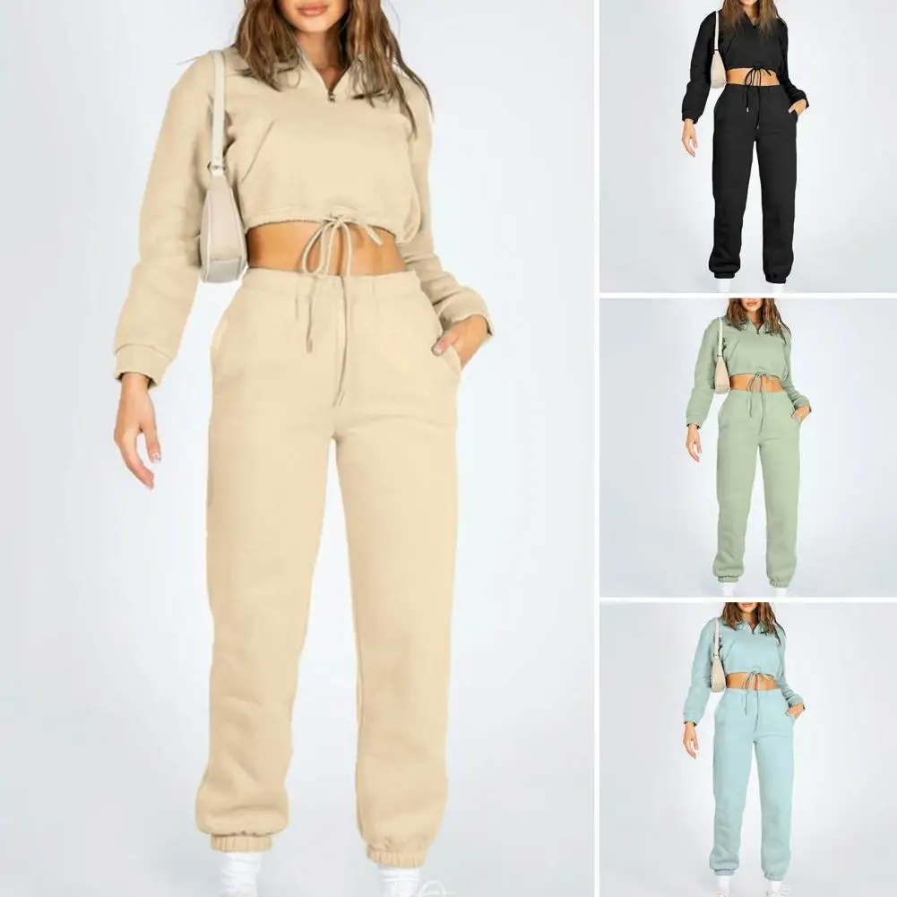 2 Pcs/Set Women Tracksuit Solid Color Waist-exposed Loose Pullover Drawstring Stand Collar Ankle-banded Lady Sweatshirt Pant Set