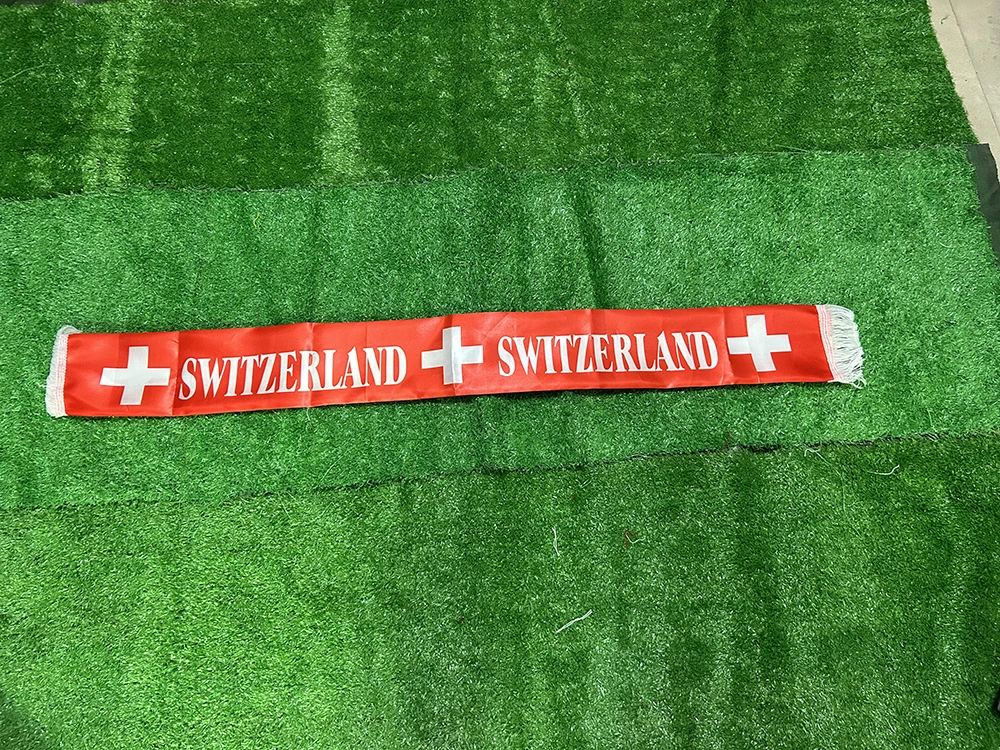 Customize 2026 Switzerland Scarf 14x135cm Double-sided Printed Satin Switzerland Flag Swiss Scarf Tassels Suitable for Football view 5