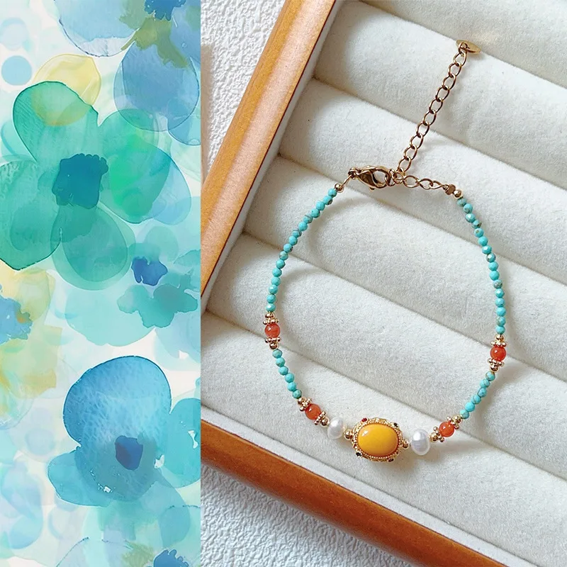 

Натуральный синий бирюзовый янтарный браслет из бисера для женщин, легкий роскошный нишевый новый высококачественный многослойный браслет в китайском стиле