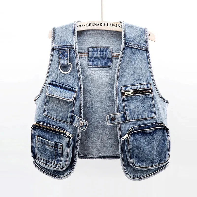 

2024 New Denim Vest Jackets Women Spring Autumn Pocket Jean Waistcoat Sleeveless Tank Schoolgirl Outerwear Casual Tops