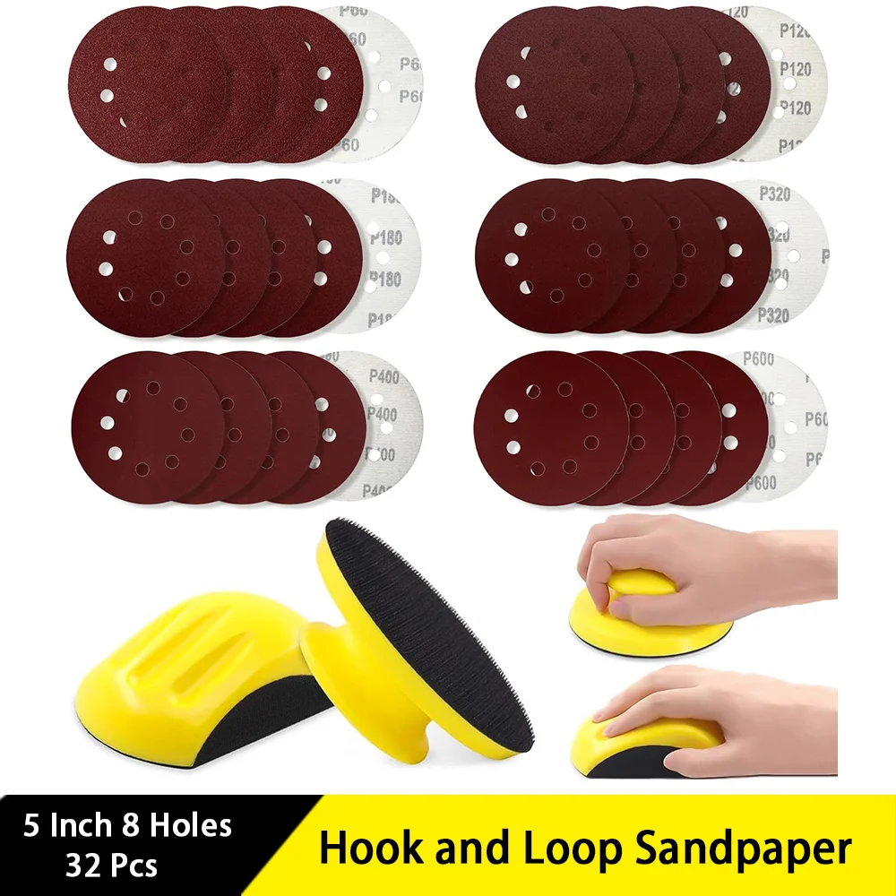 

5 Inch 8 Holes Red Hook and Loop Sandpaper 32 Pcs with Hand Sanding Block Assorted 60/120/180/320/400/600 Grits for DIY