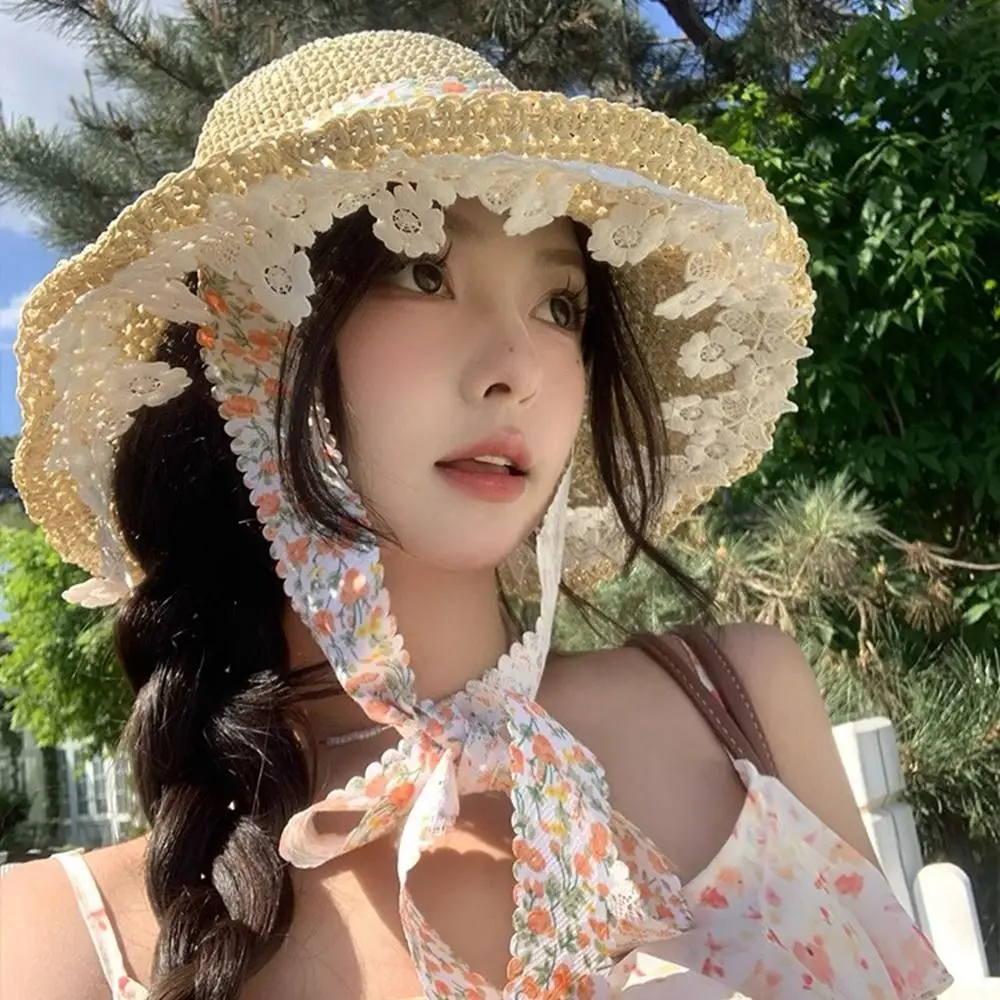 

Simple UV Protection Weave Straw Hat Lace-up Ribbon Sun Protection Cap Flower Floral Outdoor Visor Cap Holiday