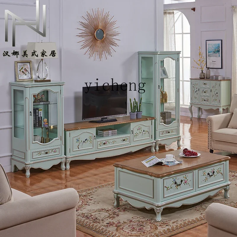 ZC painted Mediterranean small fresh light color living room combination TV cabinet coffee table wine cabinet