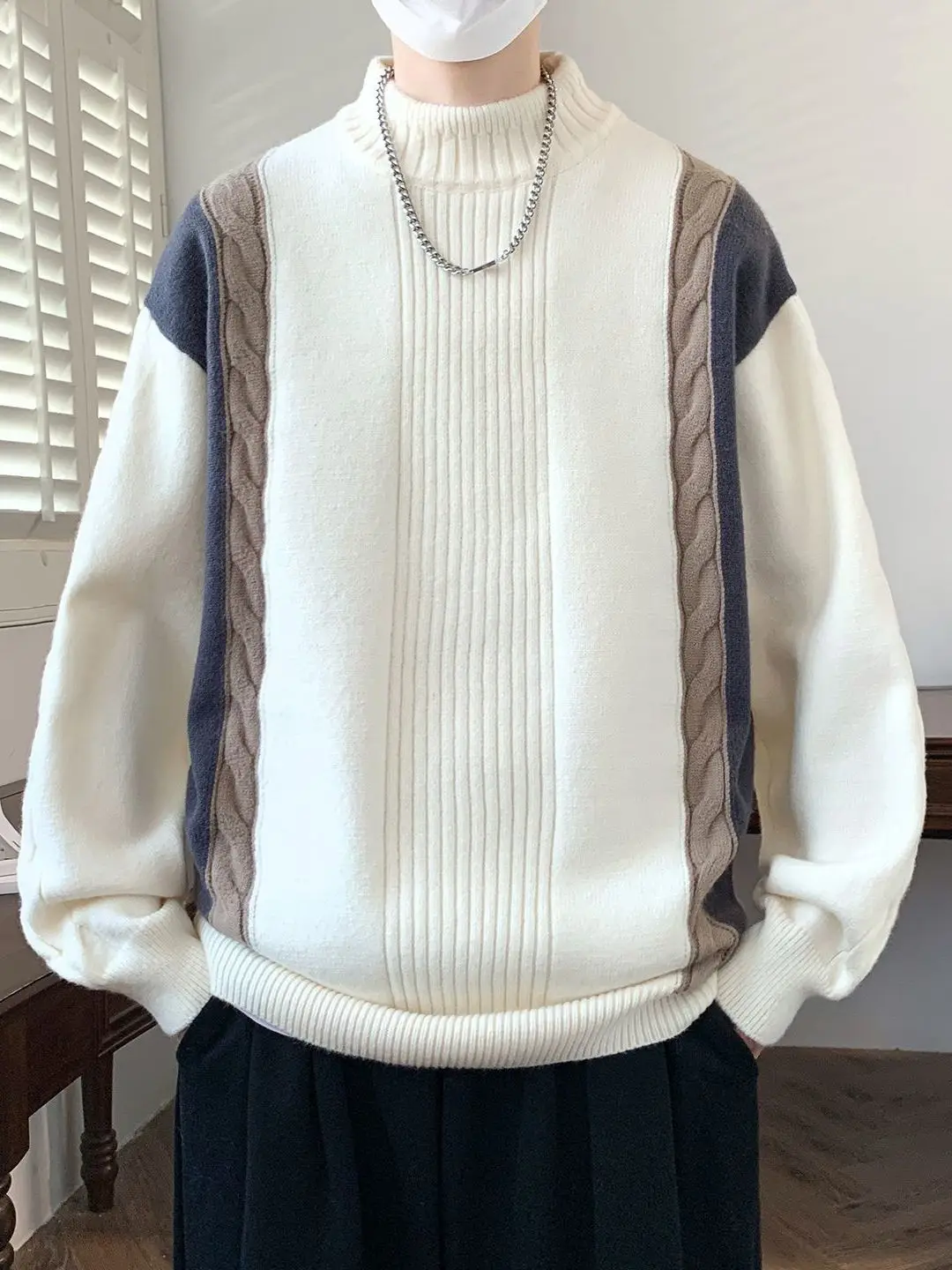 

Thiened f-High Collar Knitted Sweater for Teenage Boys Warm Base Layer Top Polyester Fiber Long Sve Casual Wear