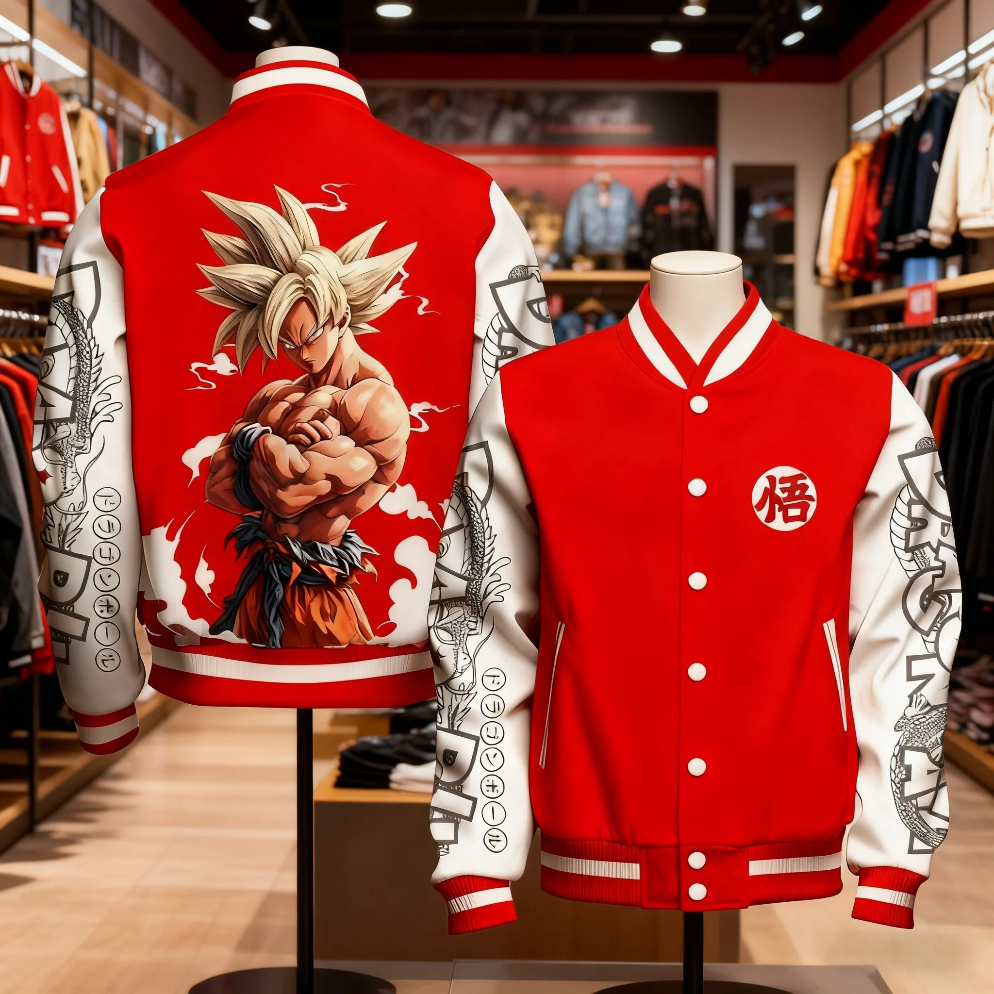 

Unisex Baseball Jacket Dragon Ball Goku Super Saiyan Back Print with Lightning Clouds Orange Sleeve Black White Stripe Design
