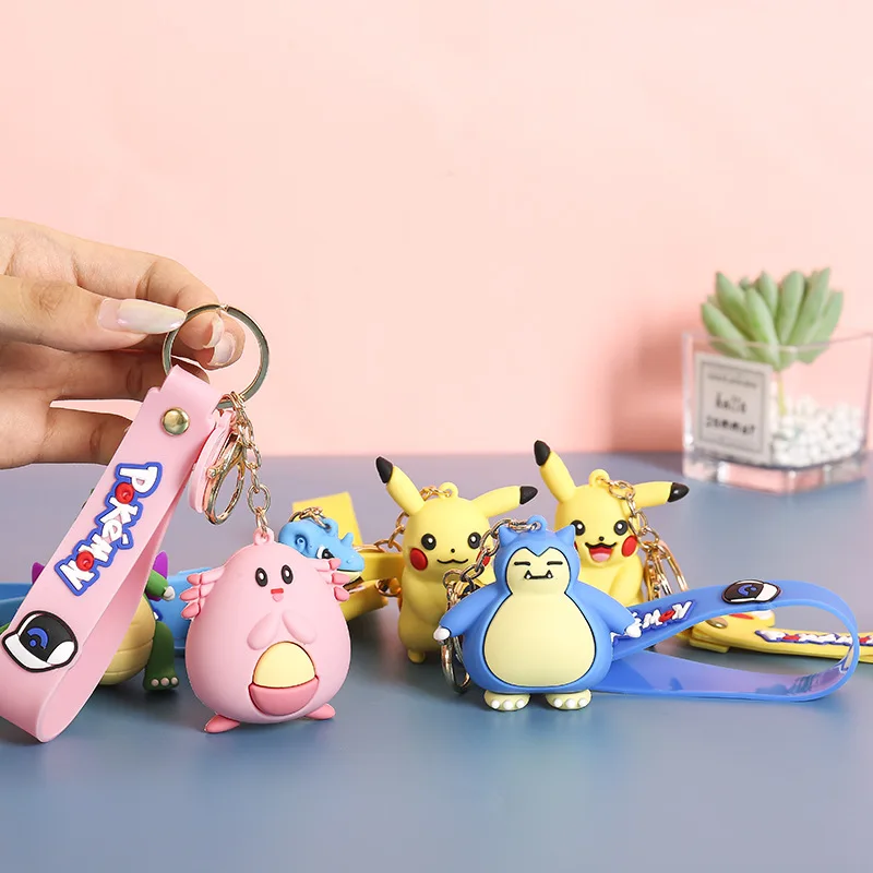 Cartoon Anime Pokemon Pikachu Rubber Keychain Anti Lost Doll Snorlax Kawaii Car Keychain Decoration Pendant Accessories