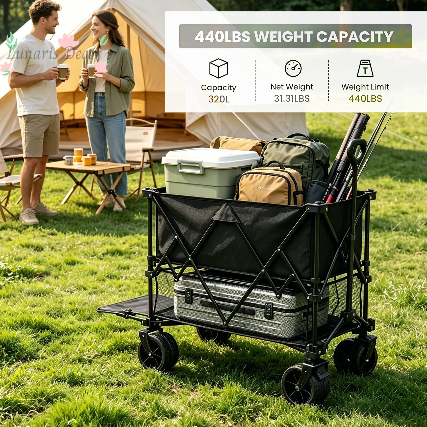 Four-wheel camping trailer, wide wheel, large capacity travel, hand-pulled rod push-pull camper, multi-function