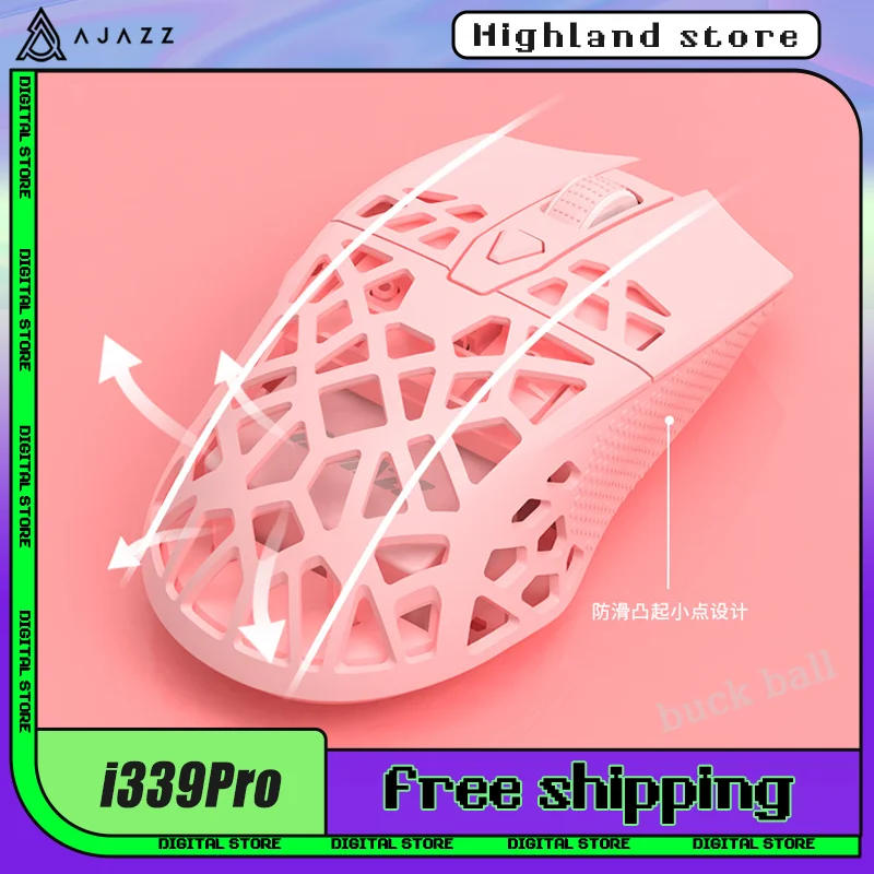 

Ajazz i339pro Gamer Mouse Hollow Out Wireless Mice Light Weight Pink RGB 2 Mode 2.4G 16000DPI PAW3338 Macro Office Gaming Mouse