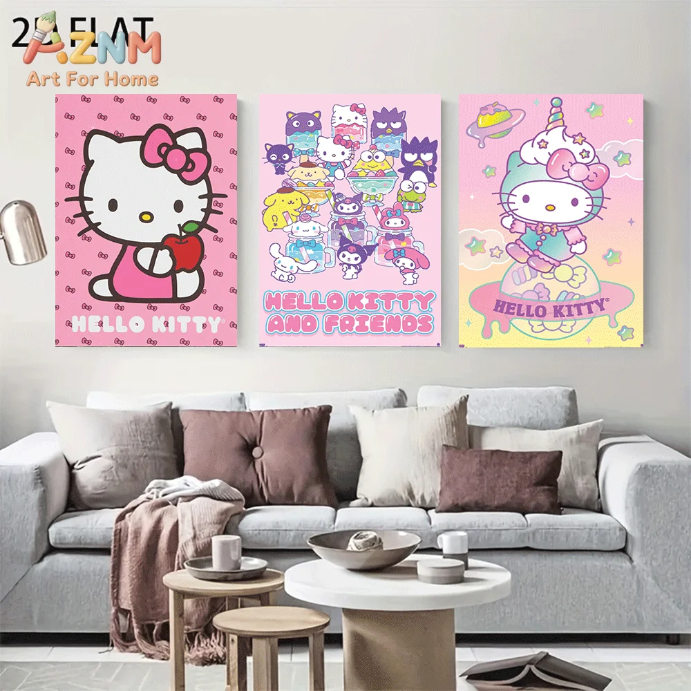 AZNM Sanrio Hello Kitty Canvas Wall Art Unframed Cute Cartoon Apple Friends Milk Tea Space Ice Cream Theme Print Painting Girls