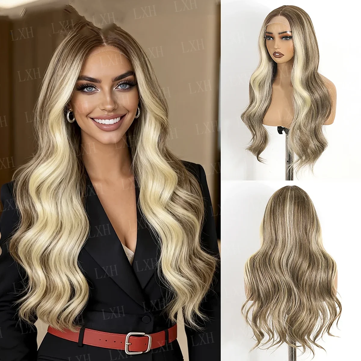 24Inch HD Lace Natural Wave Glueless Ombre Blond Front Wig Hair Women Pre Plucked Transparent Lace Hair Wig