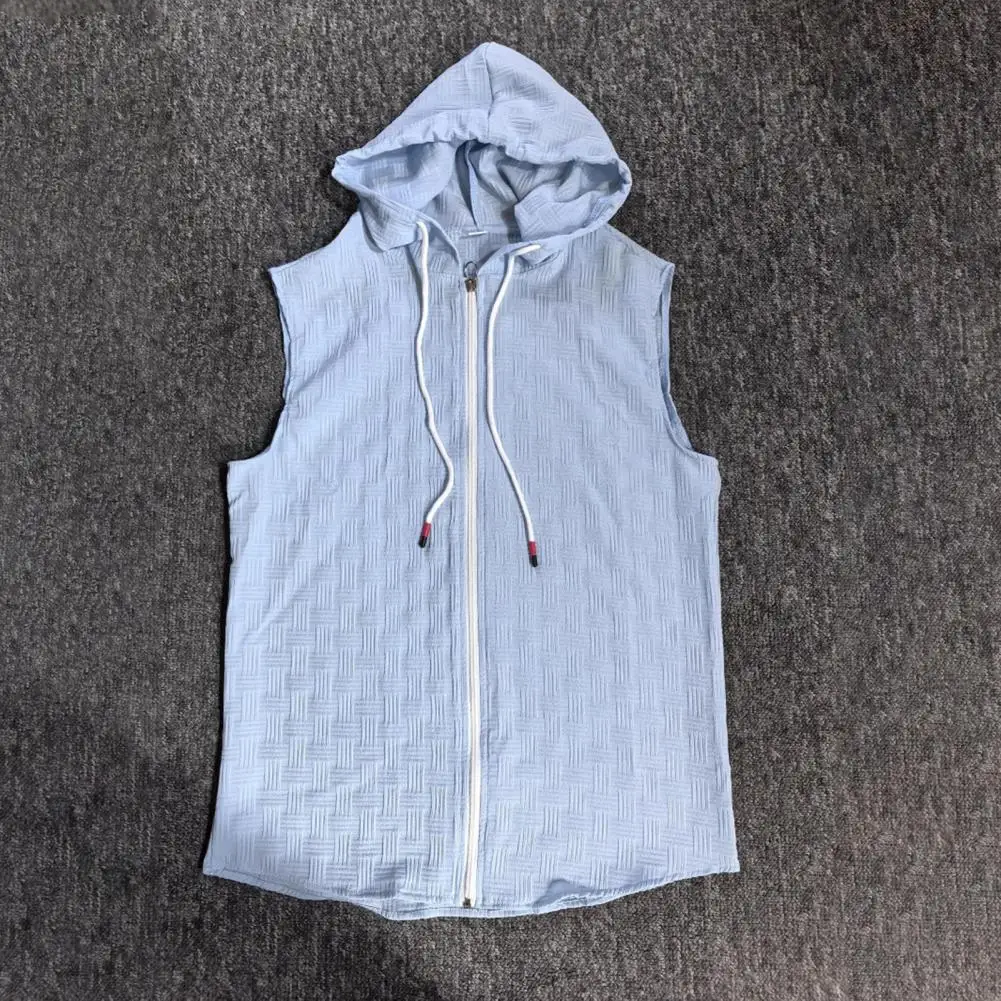 

Stylish Textured Summer Tank Top Men Hooded Zip-up T-Shirt Jacquard Sleeveless Hoodie Tee Gym Street Men Zip Hoodie Tee