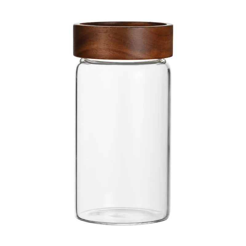 Glass Sealed Storage Jar With Acacia Wood Lid Coffee Bean Tea Powder Spice Container