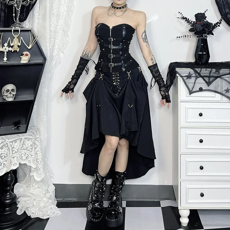 Goth Dark Acubi Fashion Black Swing A-line Skirt Punk Grunge Metal Buckle Streetwear Bandage Skirts Mall Gothic Alt Clother
