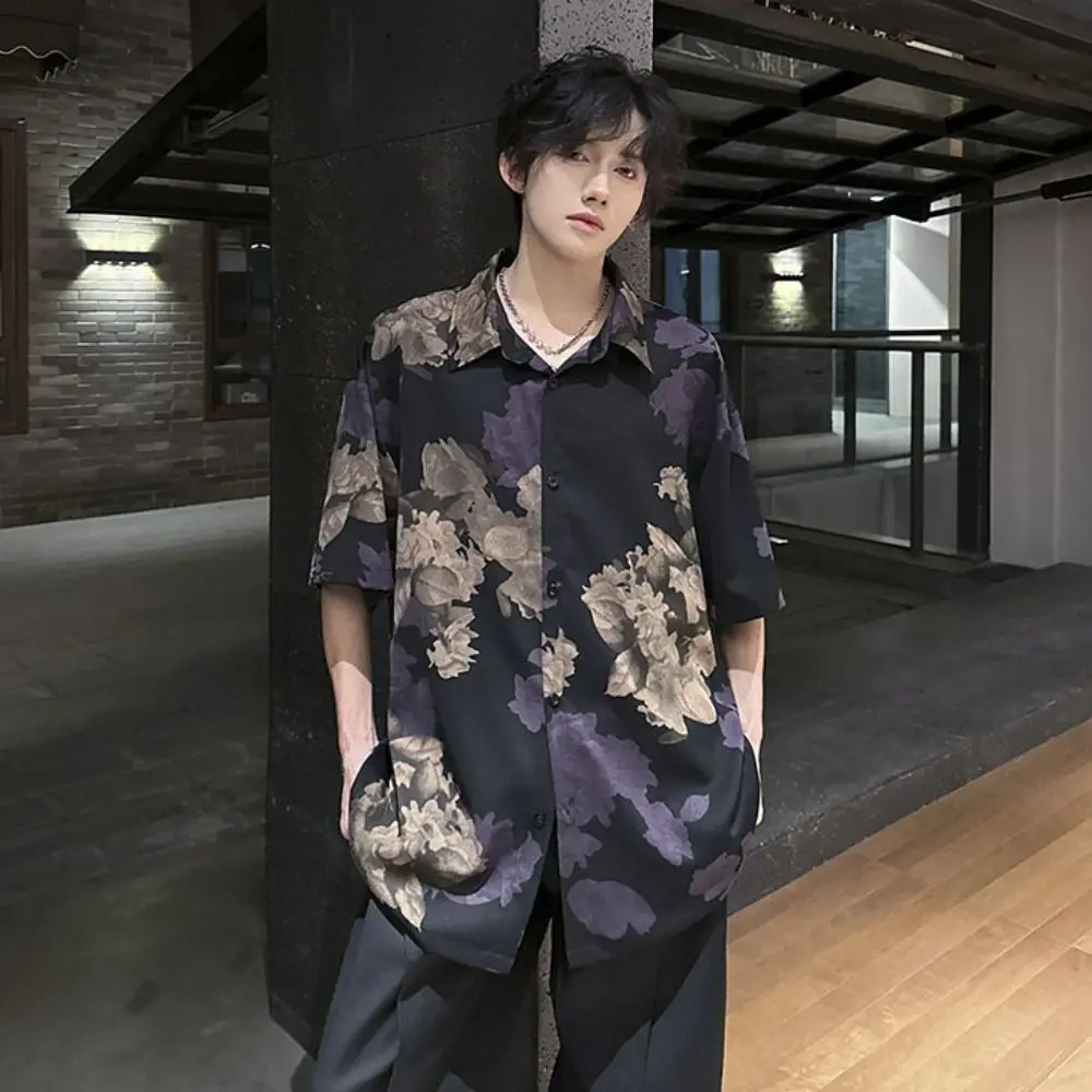 올 매치 루즈 비치웨어 셔츠 남성용 라펠 브이넥 여성용 플라워 블라우스 버튼업 레트로 반팔 셔츠 휴가용