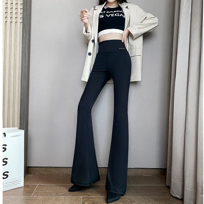 Womens Slim Flared Black Pants Autumn High Waist Stretch Female Casual Long Trousers