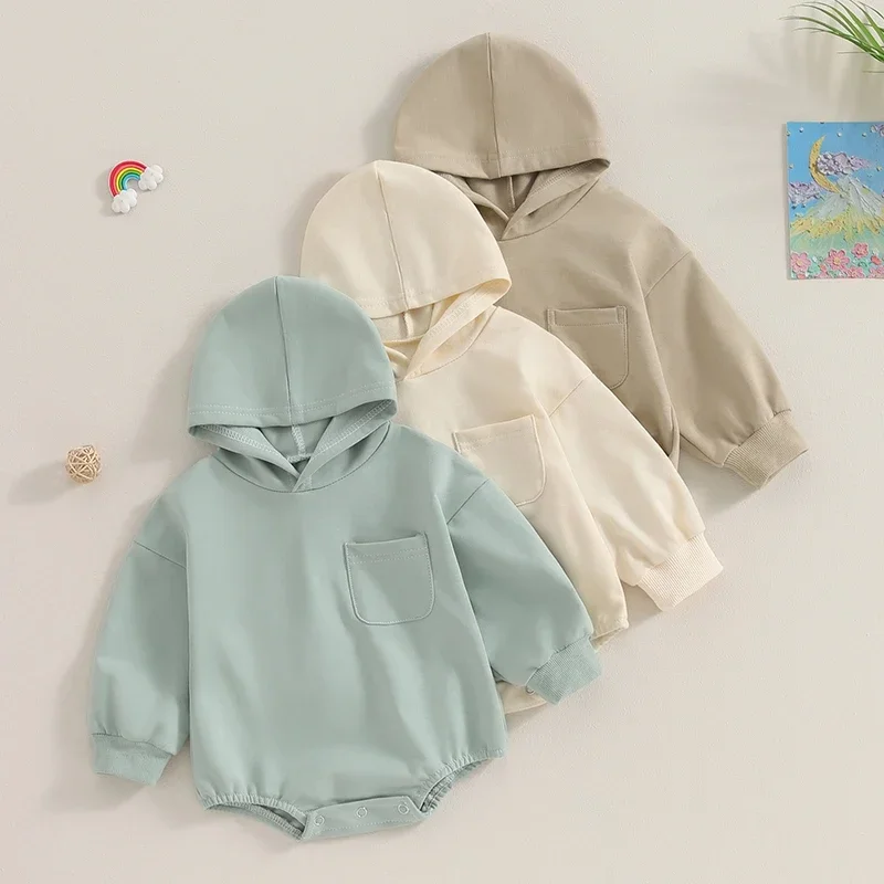 Infant Baby Girls Romper Solid Pocket Long Sleeve Hooded Jumpsuit Newborn Clothes