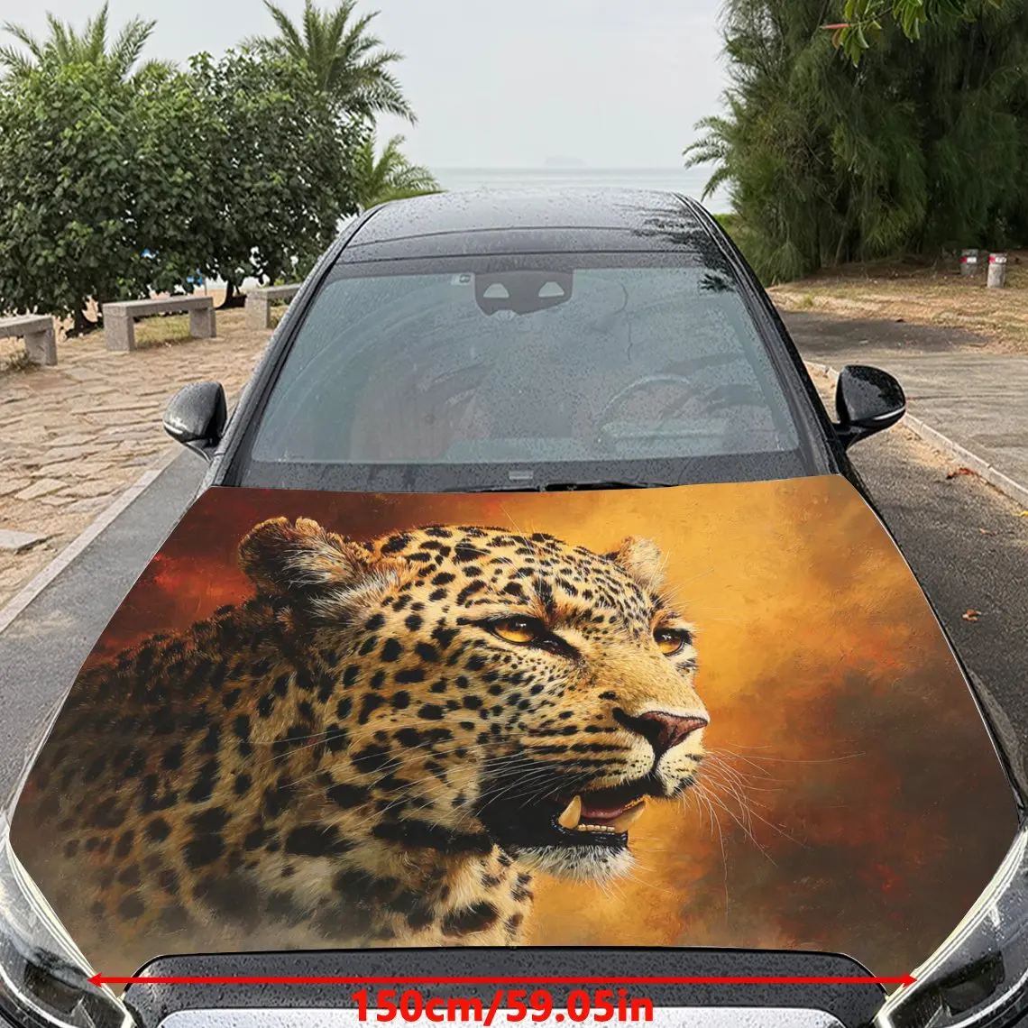 Car Decals Leopard with Distinct Spots, a Glaring Expression, and a Fiery - Toned Backdrop Car Hood Sticker, Waterproof Self - A