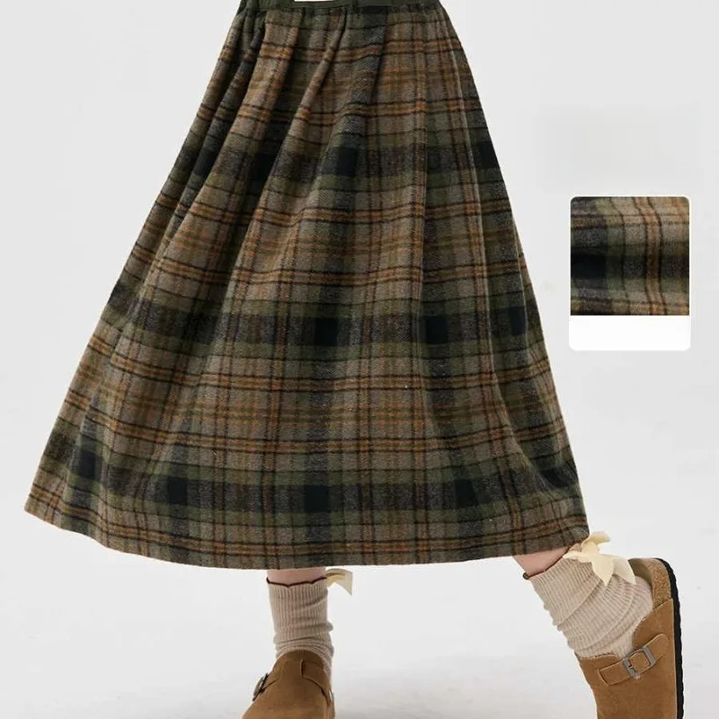 Girl's Plaid Skirt Autumn Winter Long Umbrella Skirt Winter Half Skirt Mid Length Winter Wear Classic Style