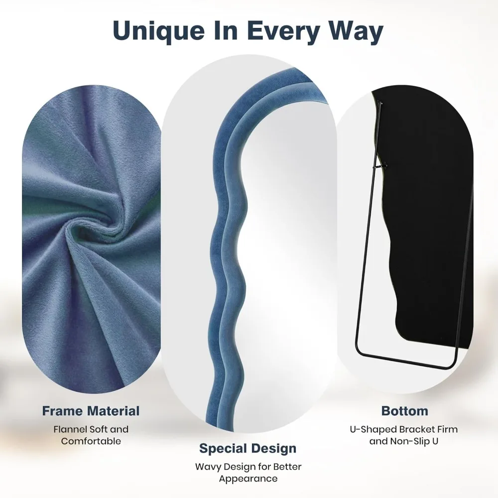 아치형 물결 모양 전신 벽걸이형 거울, 63x24 블루 플란넬 프레임, 스탠드 포함, 기대어 놓는 벽걸이형 거울 옵션