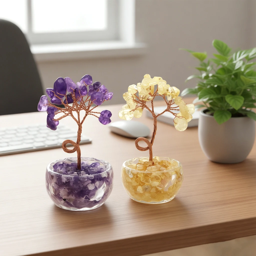 Natural Gemstone Crystal Lucky Tree With Gravel Stone Base Chakras Health Home Office Desk Living Room Crystal Decor Mini Sized