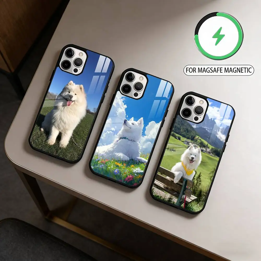 

Cute Pet Dog Samoyed Magnetic For Magsafe Wireless Charging Phone Case For iPhone17,16,15,14,13,12,11 Plus,Pro Max