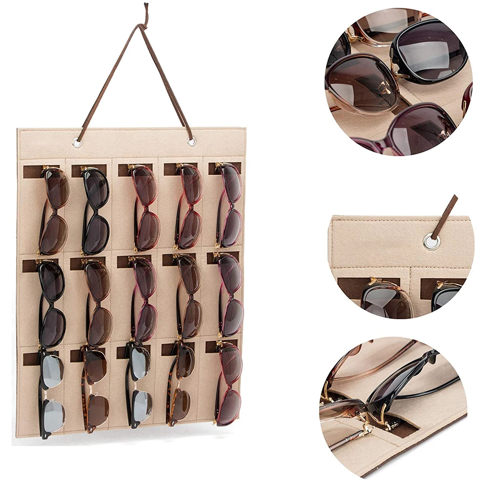 15 Slots Felt Sunglasses Organizer Hanging Wall Glasses Holder Dust Proof Storage Display Pocket Wall Stand Organizer Holder