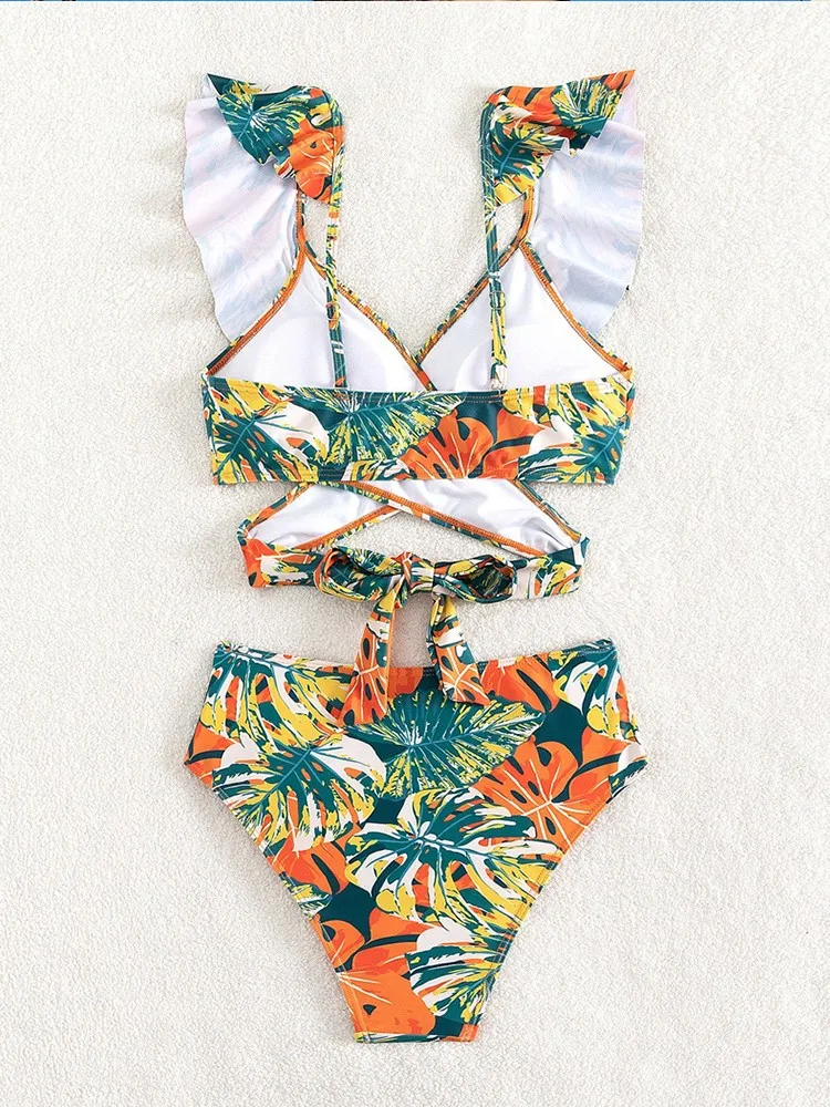 Conjunto de biquíni de cintura alta estampado feminino, roupa de banho push up, maiô de praia, maiô feminino de férias, natação, verão, novo, 2024