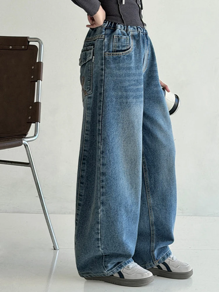 Cute Bow Knot Embroidered Jeans for Girls Loose Fit Baggy Denim Pants Large Pocket Casual Trousers Korean Style Harajuku Bottoms