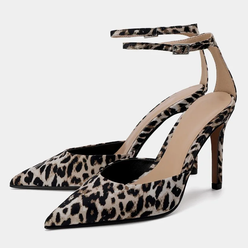 

Sexy Leopard Pointed Toe Heeled Sandals Women Hollow Ankle Strap Fashion High Heels Banquet Party Shoes Elegant Women Pumps