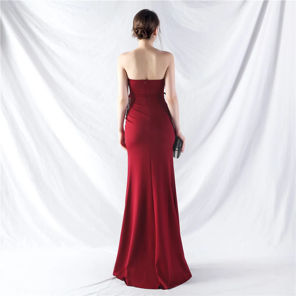 Nuovo 2024 abito da sera lungo a sirena bordeaux Sweetheart pieghettato Spandex abiti da ballo per feste di matrimonio di alta qualità In Stock